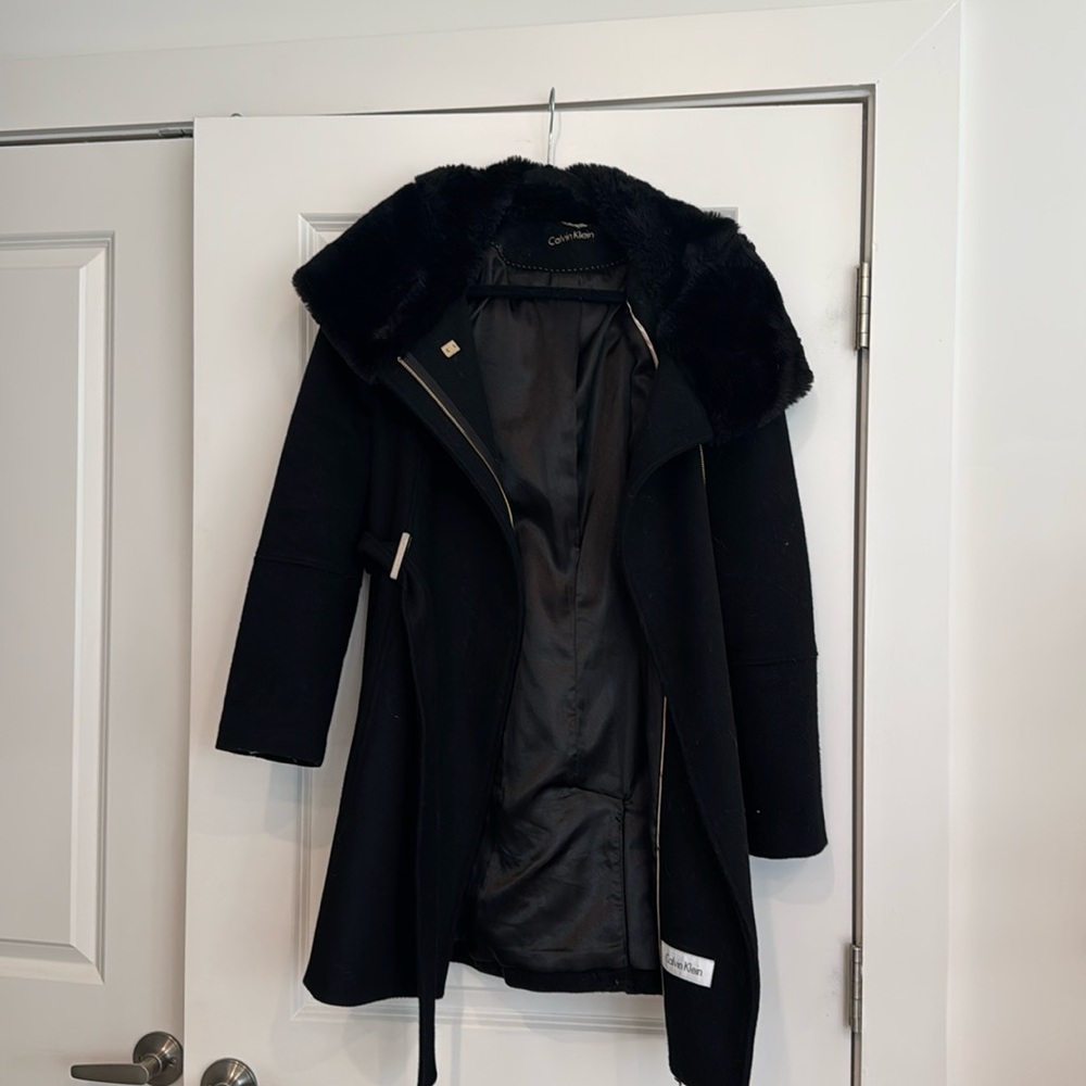 Calvin Klein Wool Pea Coat With Faux Fur Hood